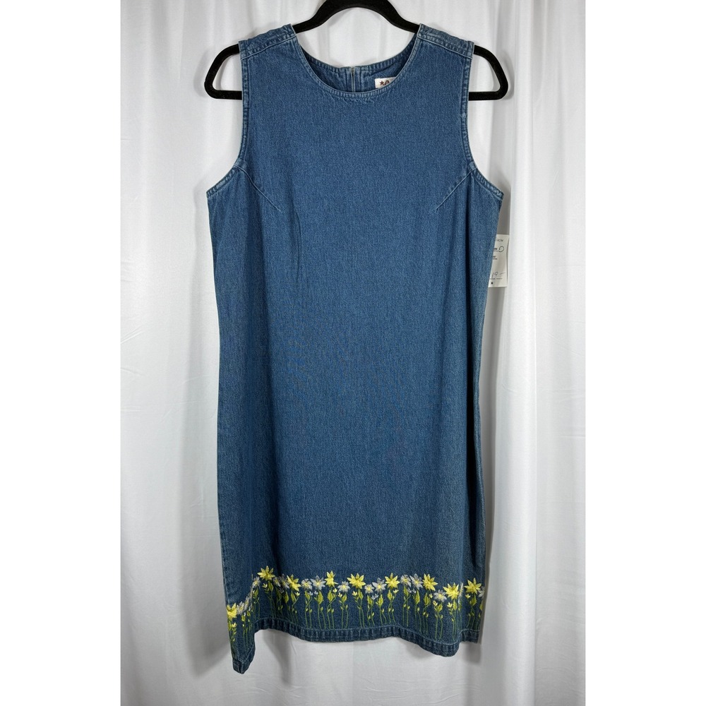 NWT VTG A.M.I. Denim Dress Size M Sleeveless Floral Embroidered Jean Mini Dress